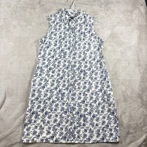 Navy Blue White Paisley Linen Cotton Tie Waist Dress Women's 8 Beachy Coastal